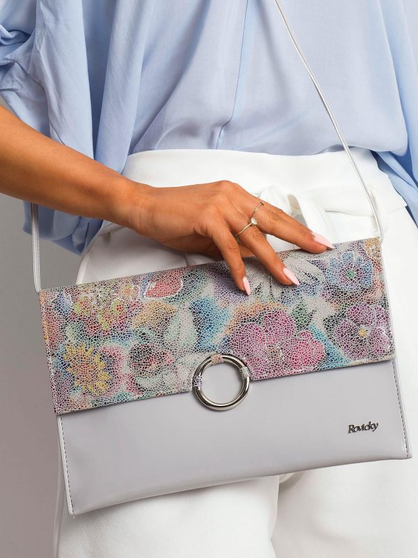 Gray lacquered clutch bag with colorful flip