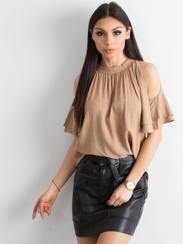 Beige blouse for women with cutouts on the shoulders