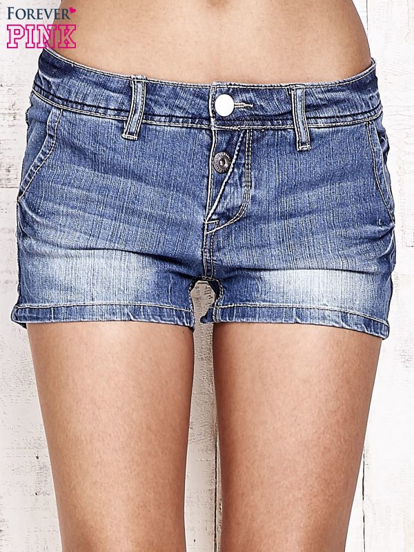 Navy blue denim shorts with abrasions