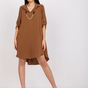 Brown Casual Loose Dress with Roll Up Sleeves