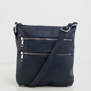 Navy blue handbag with zippers