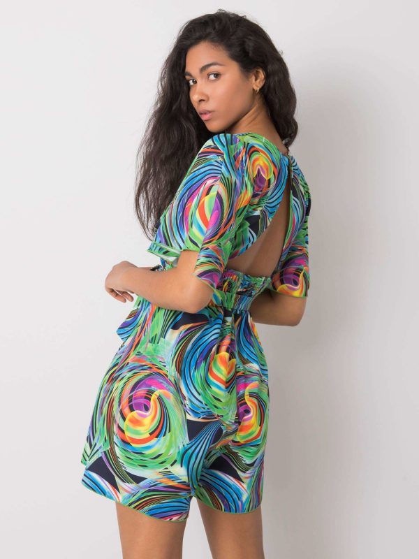 Navy blue jumpsuit with colorful patterns by Teodora RUE PARIS