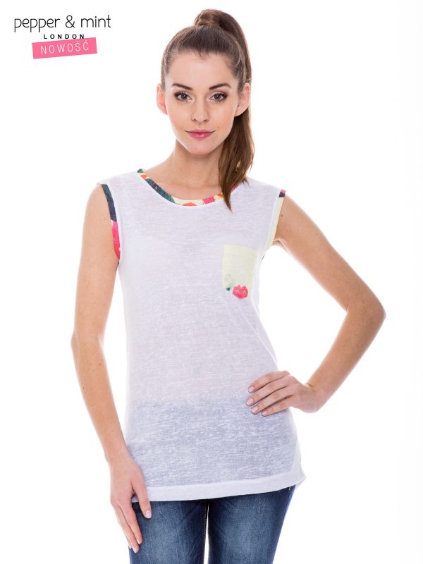 White t-shirt with colorful pocket and hem