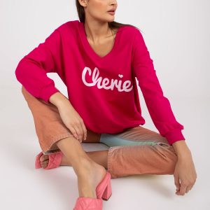 Fuchsia-White Loose Print Long Sleeve Sweatshirt