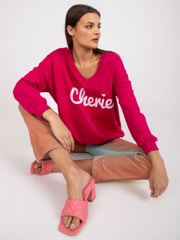 Fuchsia-White Loose Print Long Sleeve Sweatshirt