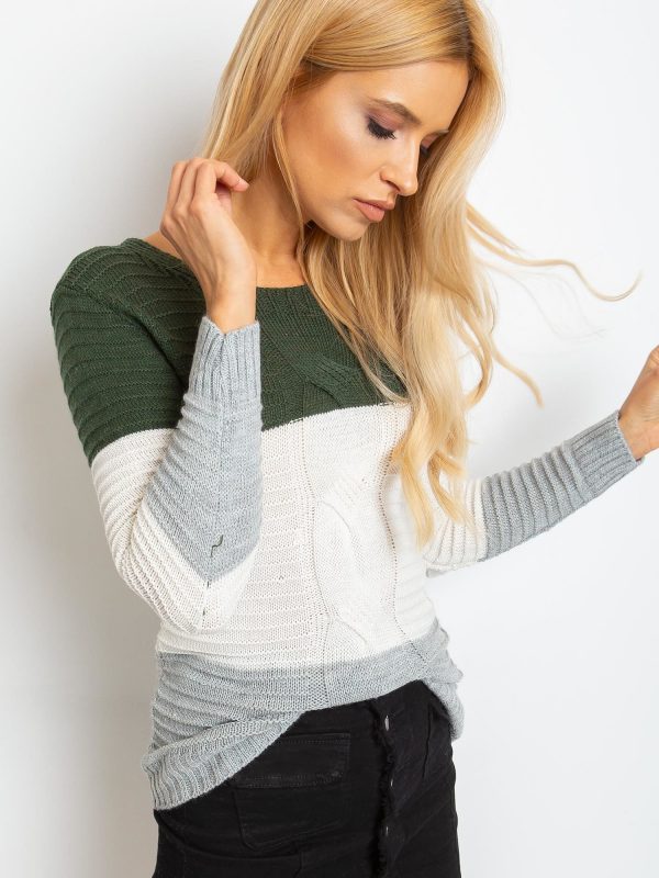 Khaki-gray sweater with wide stripes