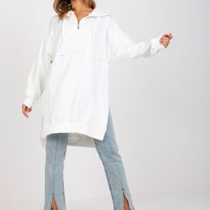 Basic white cotton sweatshirt with slits and hood