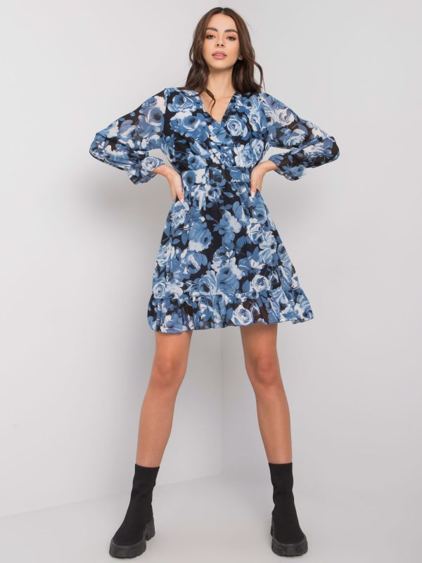 Black and blue floral dress with flounce Torri