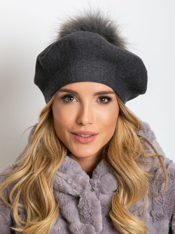 Dark gray knitted beret with pompom