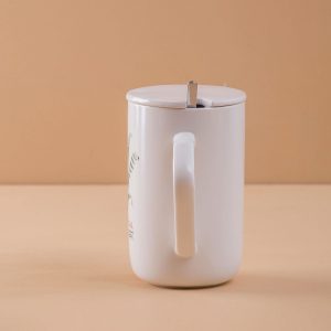 White ceramic mug with lid and print