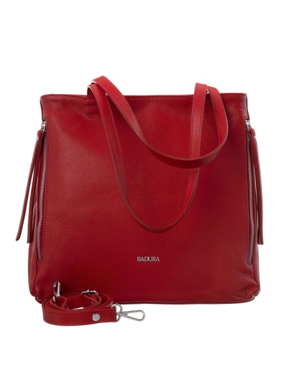 Red leather women's handbag BADURA