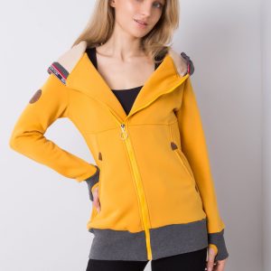 Yellow long sweatshirt with buttons on the hood