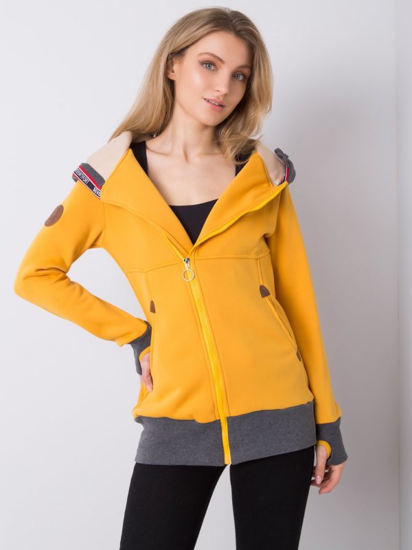 Yellow long sweatshirt with buttons on the hood