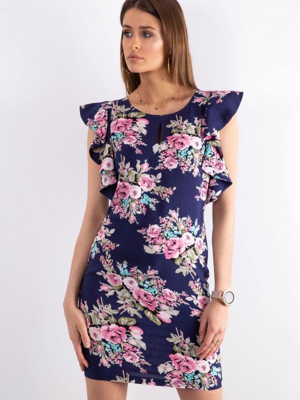 Navy blue floral dress with flounces on the sleeves