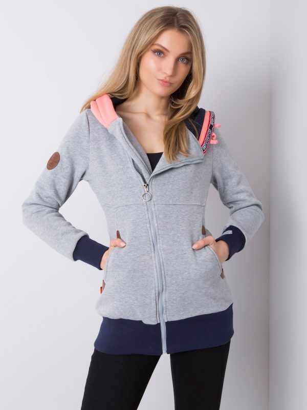 Light gray long sweatshirt with buttons on the hood