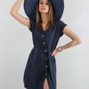 Navy blue dress with asymmetrical clasp