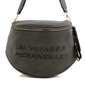 Dark grey handbag with inscription