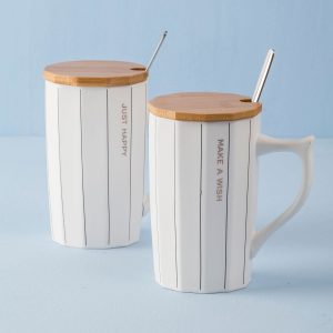 White striped mug with lid