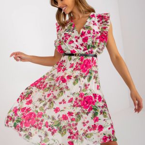 Ecru-Pink Pleated Floral Print Dress