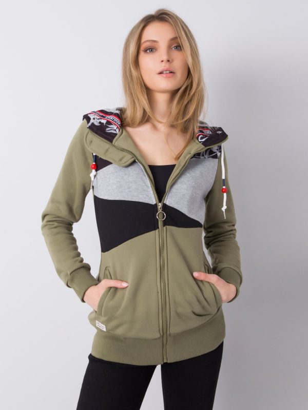 Khaki long sweatshirt in asymmetrical pattern buttons