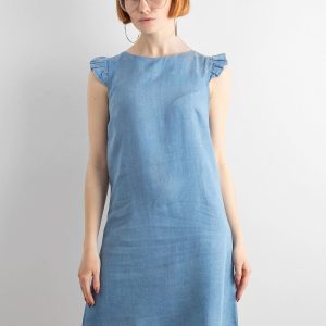 Blue dress with flounces on the shoulders