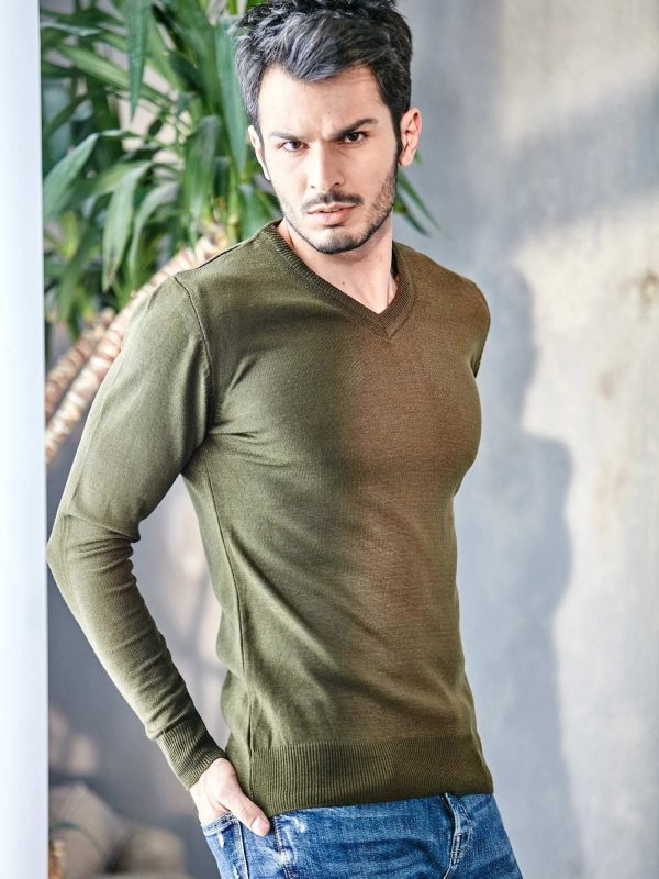 Khaki sweater men's V-neck