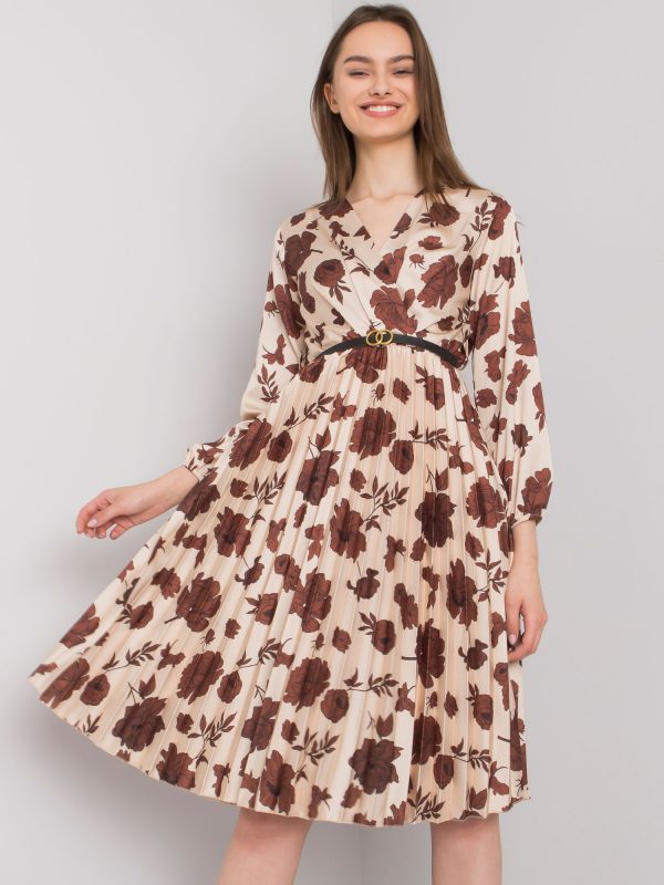 Beige and brown patterned pleated dress Oviedo