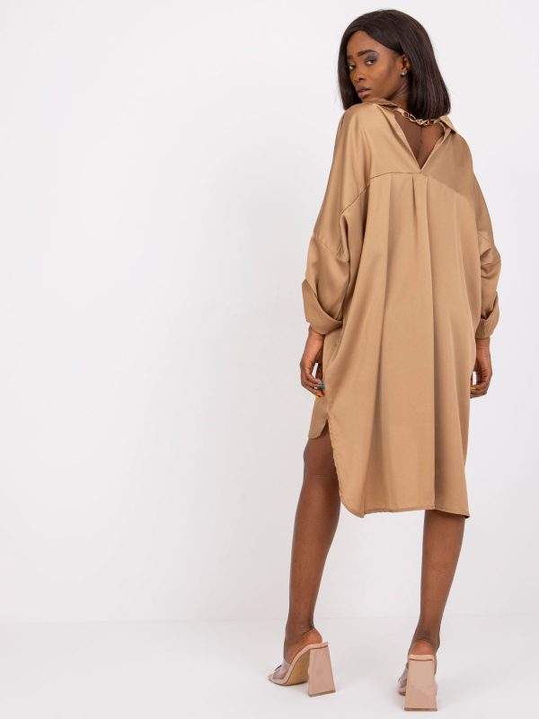 Dark Beige Plain Shirt Dress Flevoland