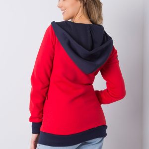 Red long sweatshirt with asymmetrical zipper hood