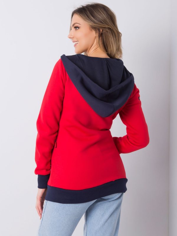 Red long sweatshirt with asymmetrical zipper hood