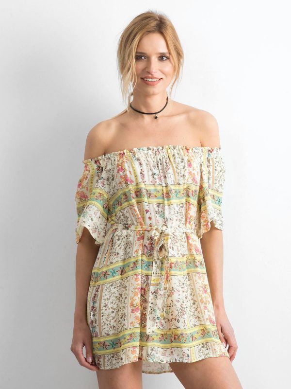 BY O LA LA Pale Yellow Spanish Floral Dress