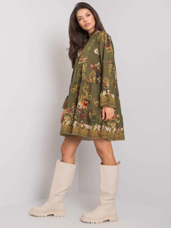 Khaki patterned dress with flounce Everlee