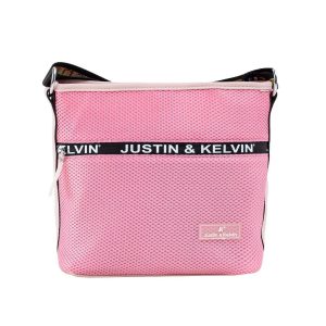 Pink shoulder bag with colorful strap