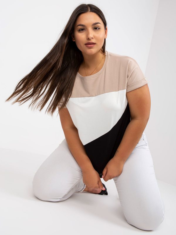 Beige Black Plain Plus Size Cotton T-Shirt