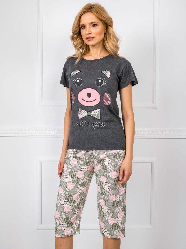 Dark Grey Two Piece Printed Pyjamas