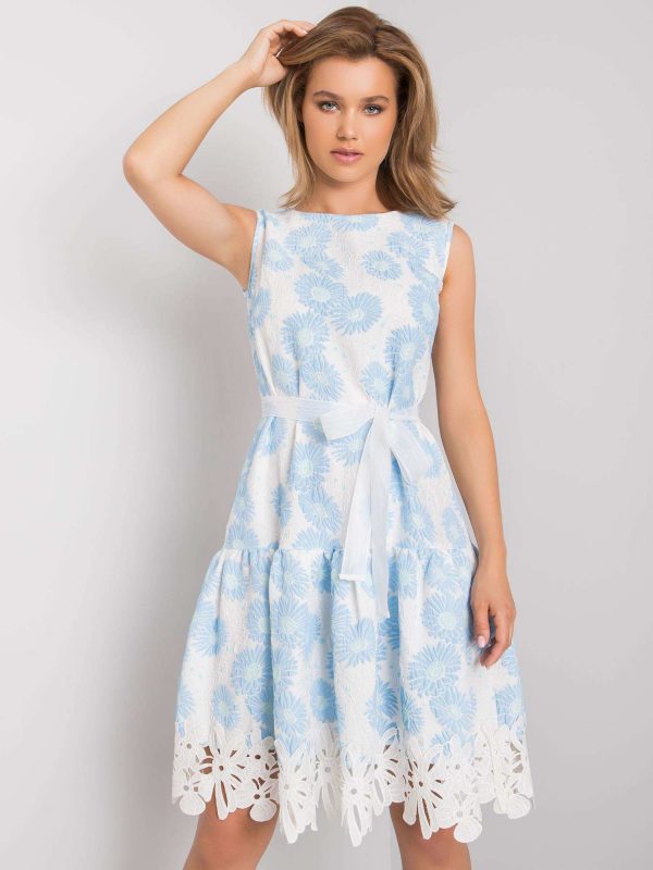 White and blue dress with floral design by Rousey