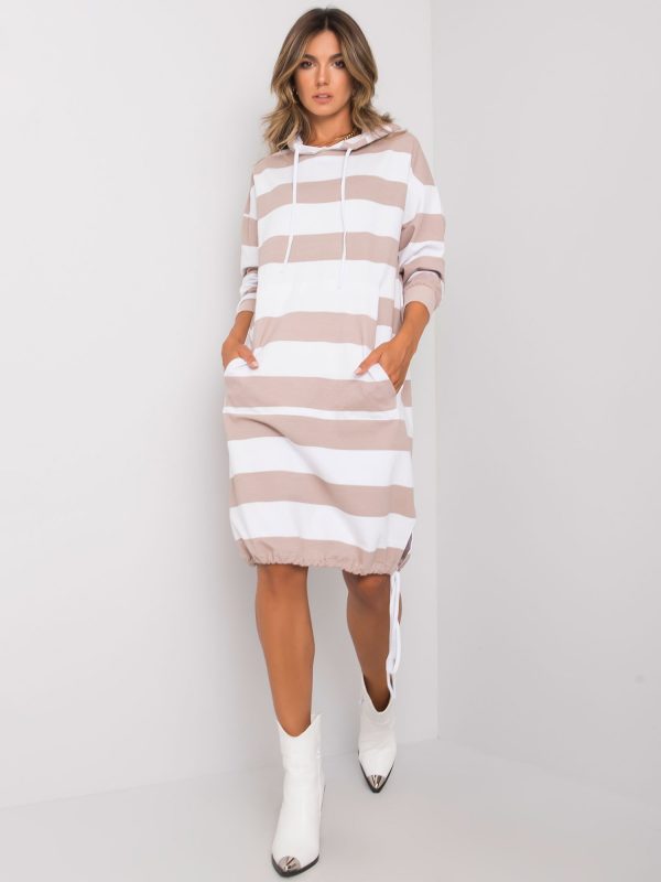 Jeannie's white and beige striped dress