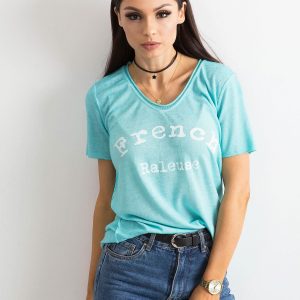 Turquoise blouse with inscription