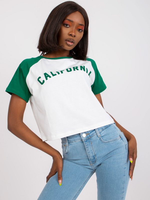 White and green print t-shirt with round neckline