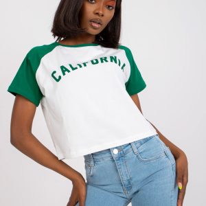 White and green print t-shirt with round neckline