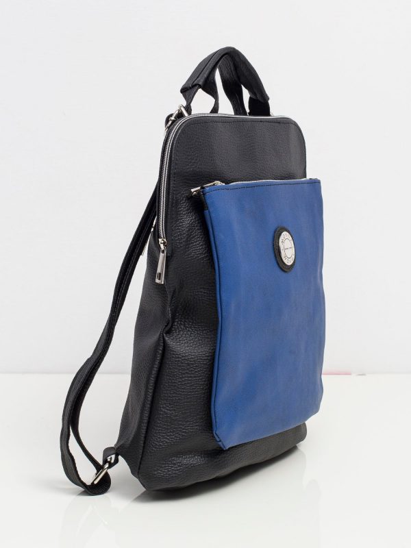 Black and blue faux leather backpack