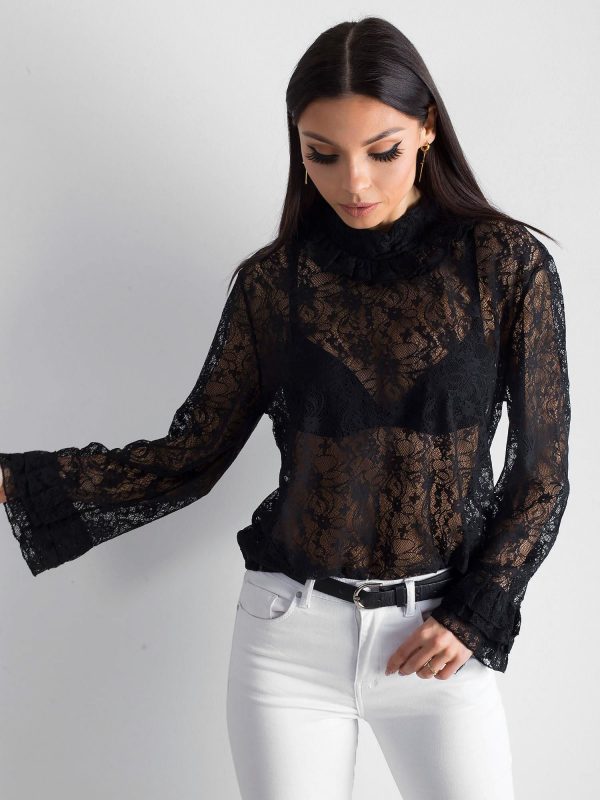 Black lace blouse with stand-up collar