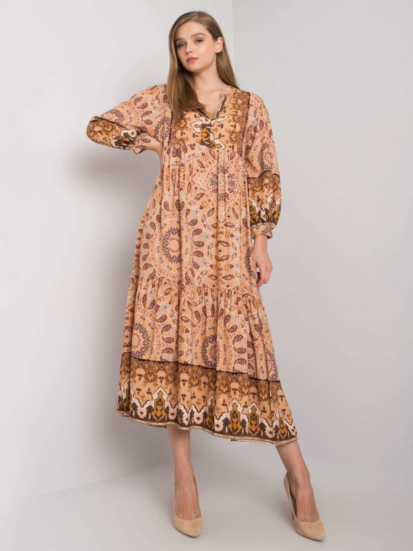 Beige dress with ethnic patterns by Marcy OCH BELLA