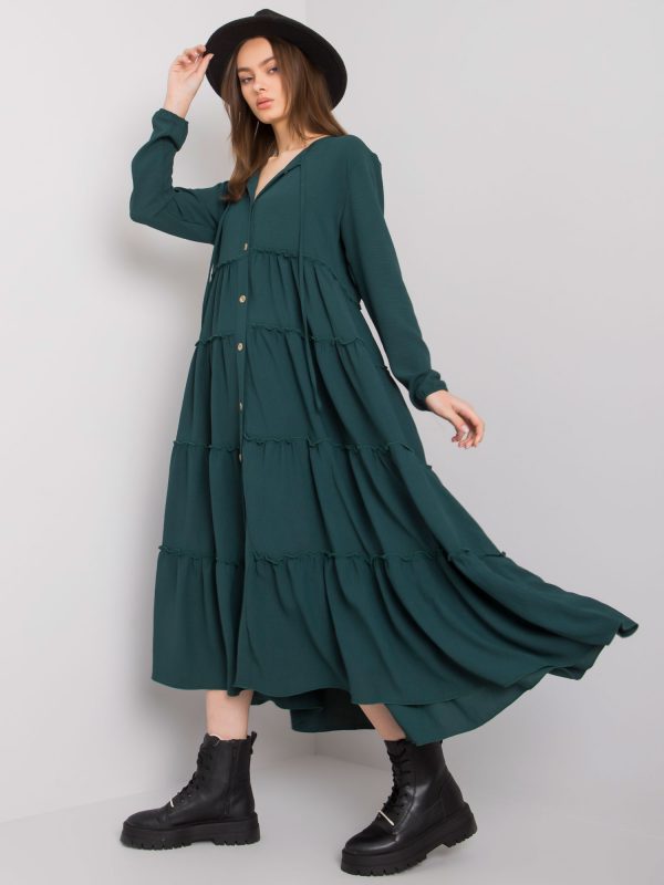 Dark Green Long Ruffle Dress Atrani RUE PARIS