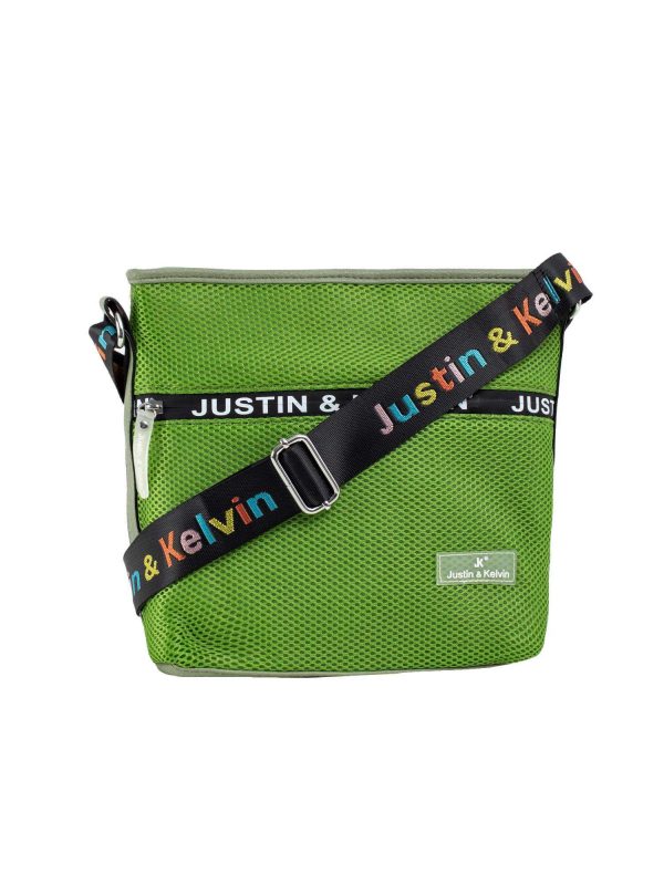 Green shoulder bag with colorful strap