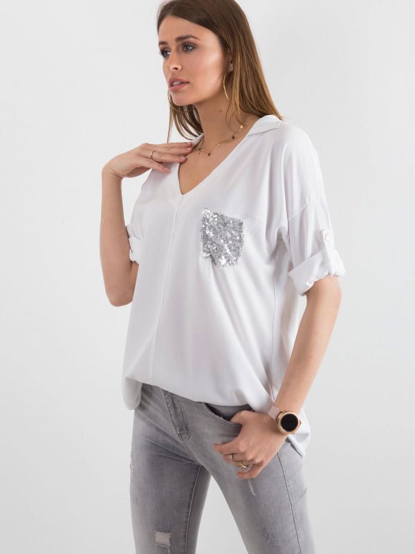 White blouse for women with sequin pocket