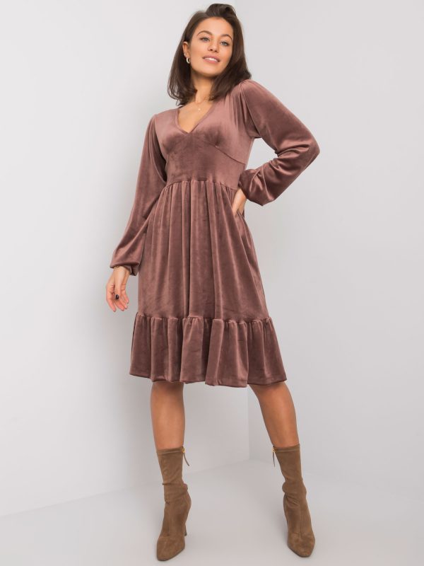 Brown velour dress with flounce Modena