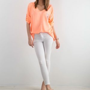 Fluo orange blouse for women with sequin pocket