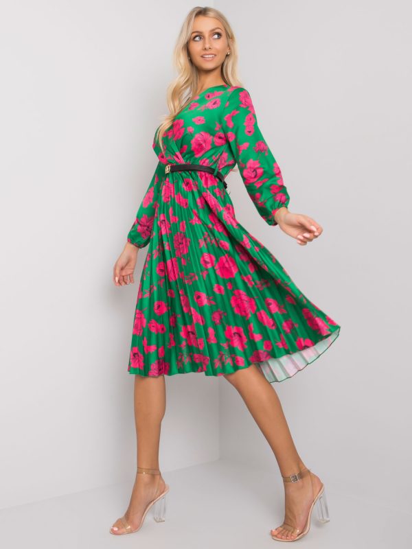 Oviedo Green and Pink Patterned Pleated Dress