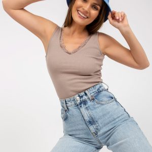 Dark beige ribbed basic top with V neckline RUE PARIS